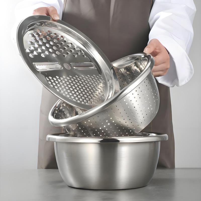 Transform Your Kitchen with the 3-In-1 Stainless Steel Multi-Functional Strainer Set – Perfect for Washing Rice, Fruits, and Vegetables!