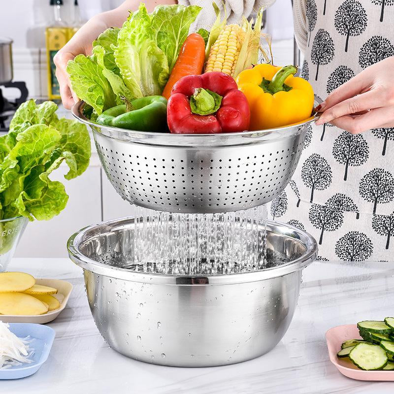 Transform Your Kitchen with the 3-In-1 Stainless Steel Multi-Functional Strainer Set – Perfect for Washing Rice, Fruits, and Vegetables!