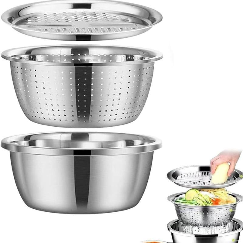 Transform Your Kitchen with the 3-In-1 Stainless Steel Multi-Functional Strainer Set – Perfect for Washing Rice, Fruits, and Vegetables!