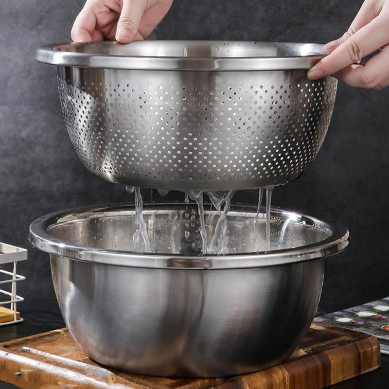 Transform Your Kitchen with the 3-In-1 Stainless Steel Multi-Functional Strainer Set – Perfect for Washing Rice, Fruits, and Vegetables!